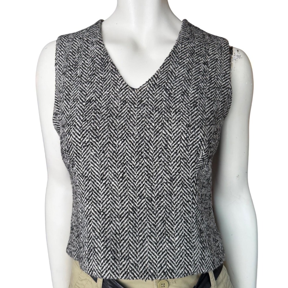 Vintage Laundry Shelli Segal Vest Herringbone Wool Lambs Leather Black White 6